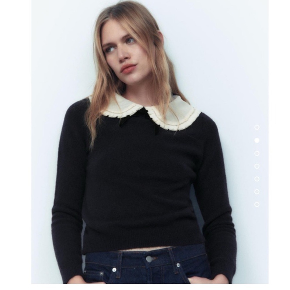 ZARA Navy Blue Rhinestone Trim Peter Pan Pointelle Collar Knit Sweater size M